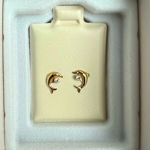 Dolphin Earrings 10k Solid Yellow Gold Cz